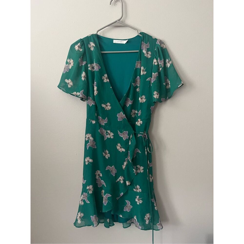 Lush Womens XS Green Wrap Dress Purple Floral Mini Lined Lightweight